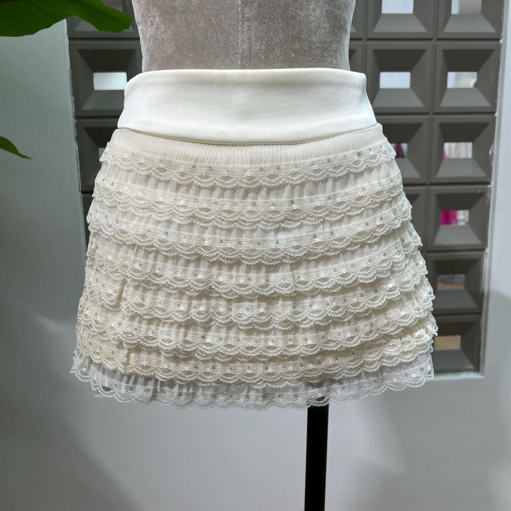 Apricot Mesh Lace Ruffled Trumpet Sleeve Shirt Dress Shorts Set