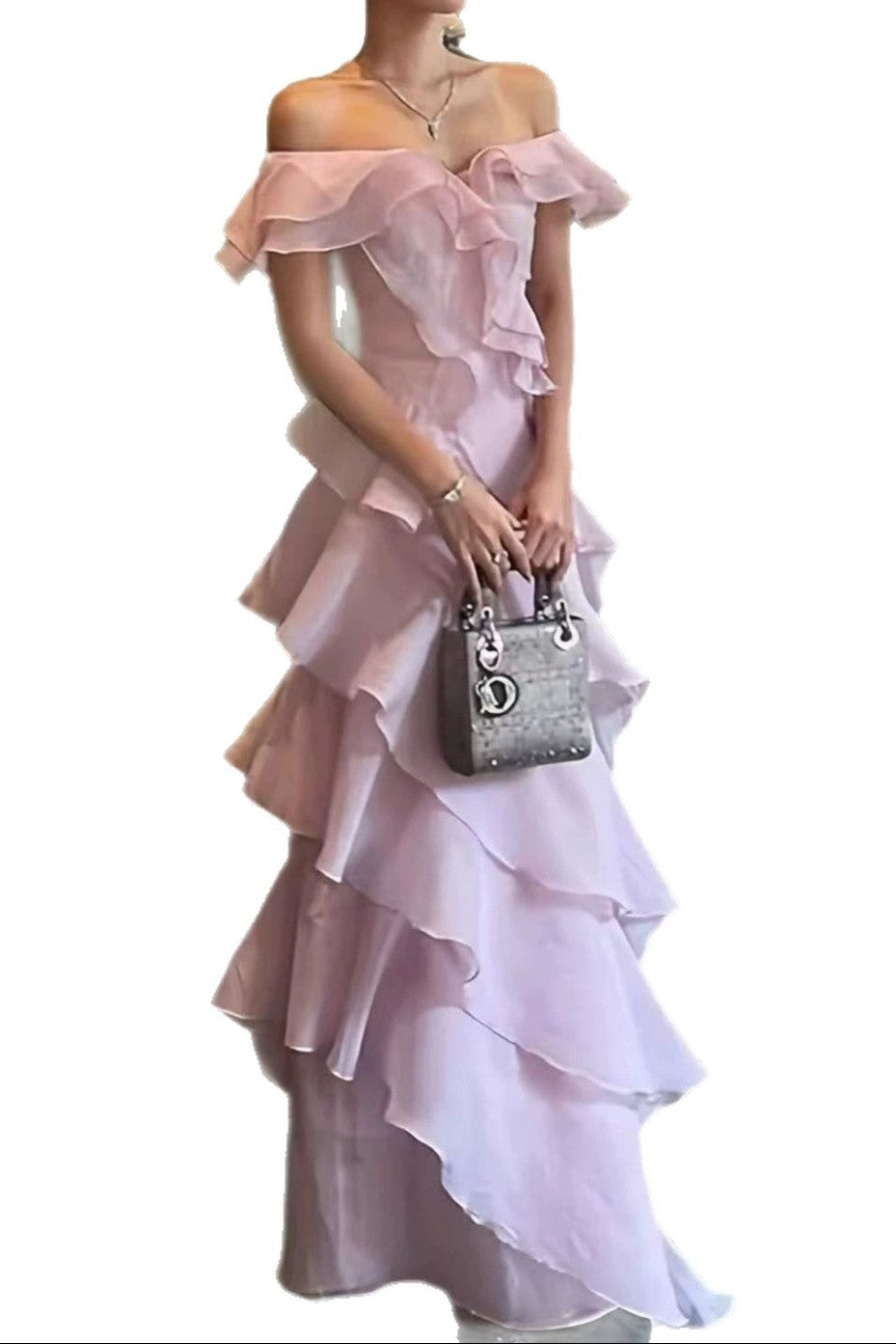 Off Shoulder Ruffled Layer Chiffon Maxi Evening Dress