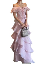 Off Shoulder Ruffled Layer Chiffon Maxi Evening Dress
