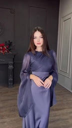 Flowering Girl Women Spliced Glass Tulle Large Swing Sleeve Long Satin Slim Fit Dress