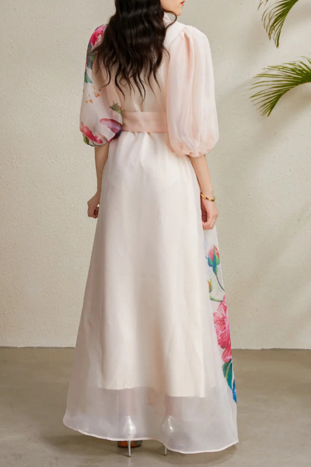 Flowering Girl Women Single-Breasted Floral Printed Puff Sleeve Maxi Dress In Apricot