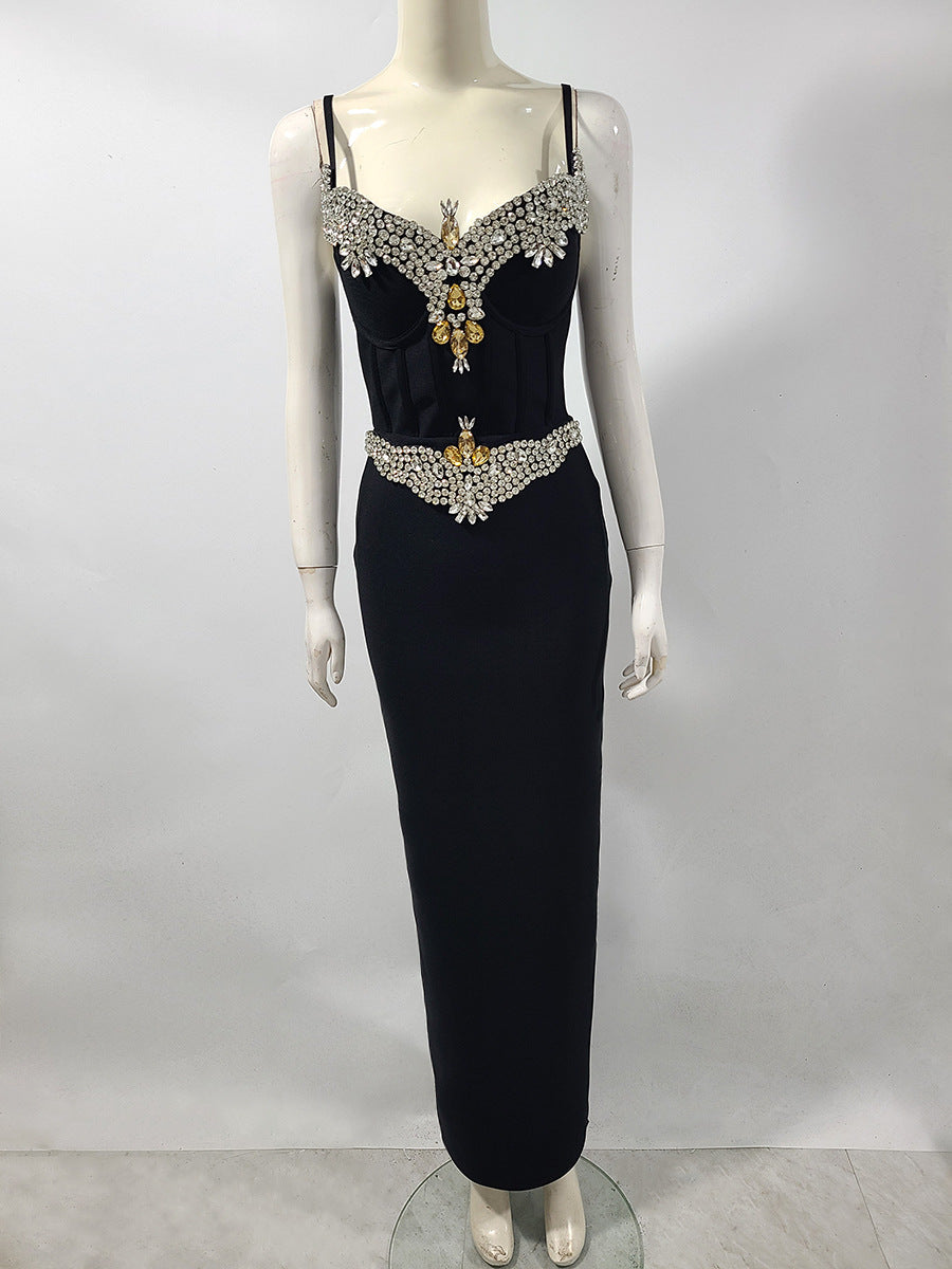 Rita Rhinestone Bandage Maxi Dress In Black