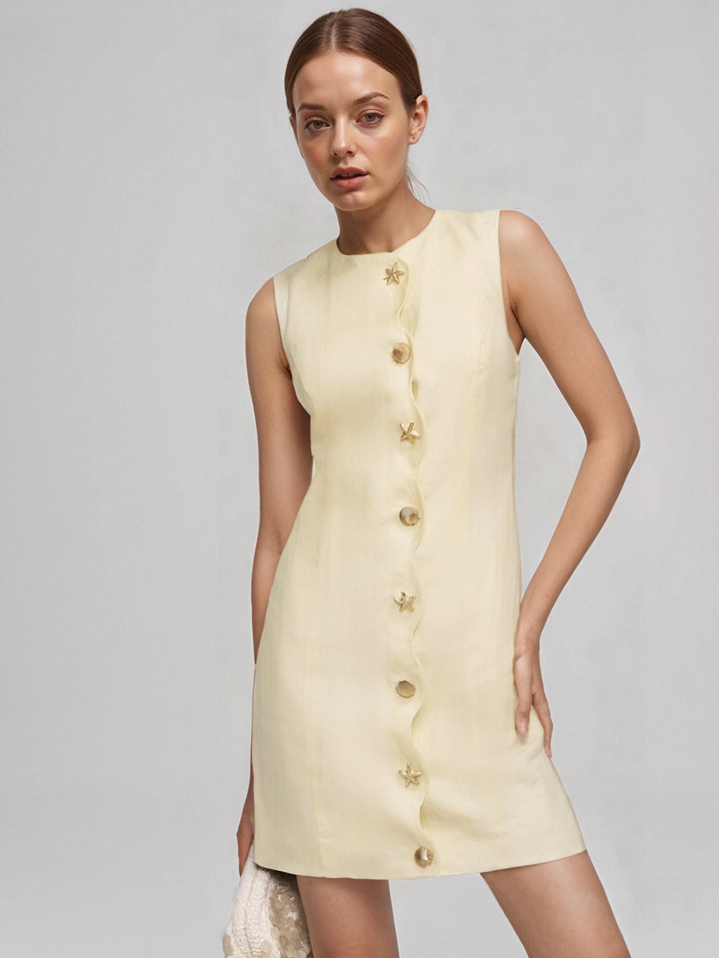 Flowering Girl Women Pale Yellow Sleeveless Round Neck Star Shell Button Straight Mini Dress