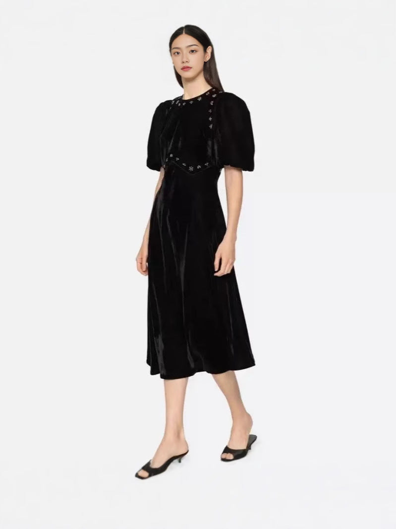 Vicky Black Rhinestone Embellished Velvet Puff Sleeve Maxi Dress