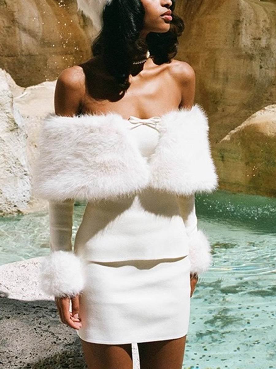 sherry Off Shoulder Furry Skirt Set