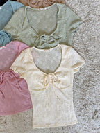 Ruched Front Ruffle Short Sleeve U-Neck Knit Top