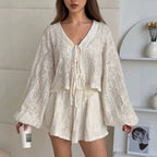 Flowering Girl Women Vacation Jacquard Tie-Waist Cardigan Top & Shorts Two-Piece Set