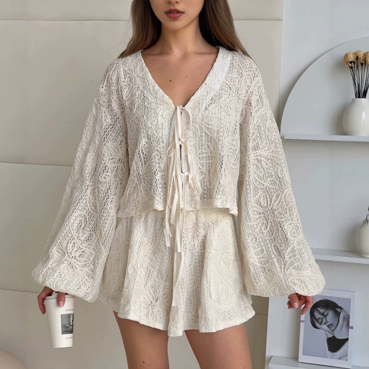 Flowering Girl Women Vacation Jacquard Tie-Waist Cardigan Top & Shorts Two-Piece Set