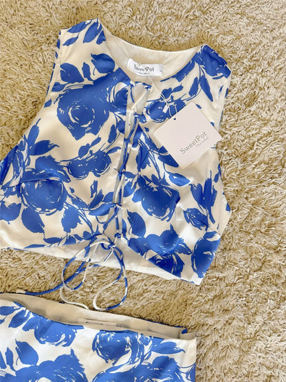 Sleeveless Tie Crop Top & Midi Skirt Floral Two-Piece Set