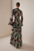 Abstract Butterfly Print Chiffon Maxi Dress