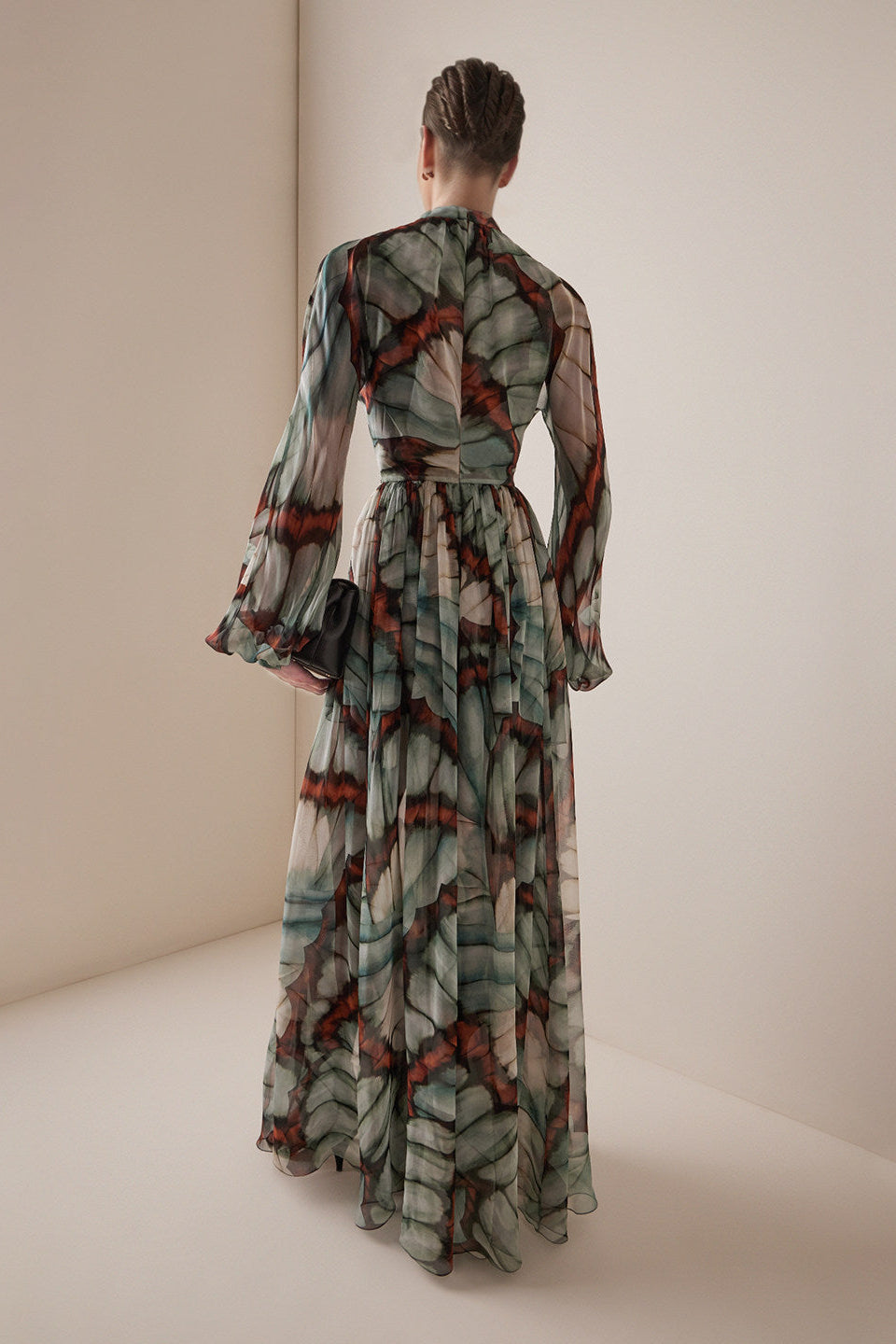 Abstract Butterfly Print Chiffon Maxi Dress