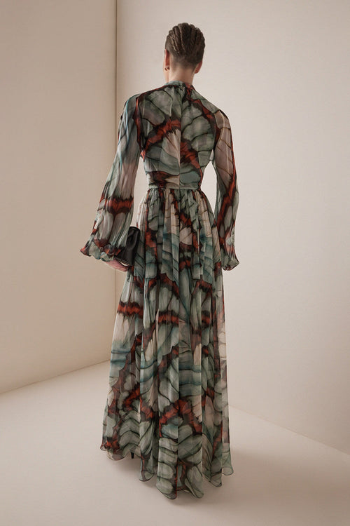 Flowering Girl Women Abstract Butterfly Print Chiffon Maxi Dress