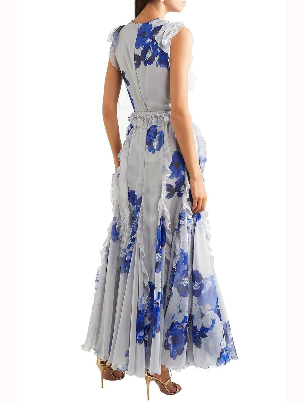 Blue Printed Crew Neck Lantern Sleeves Flowing Ruffles Dress