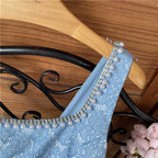 Beaded Square Neck Retro Jacquard Bow Strap Waist A-Line Mini Dress