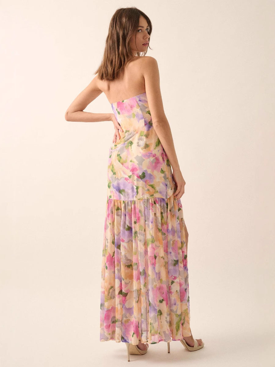 Flowering Girl Women off-shoulder floral print high slit pleated mesh maxi dress