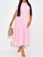 Flowering Girl Women pink buttons short sleeves maxi dress