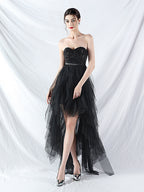 strapless sequin tulle midi dress