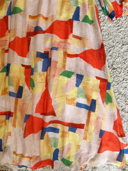 Abstract Color Block Lantern Sleeve Waist Tie Midi Dress