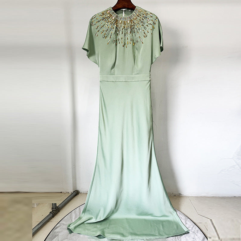 Flowering Girl Women backless satin bead diamond maxi dress