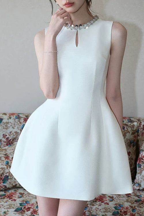 Flowering Girl Women Alyssa Round Neck Diamond Sleeveless Dress In White