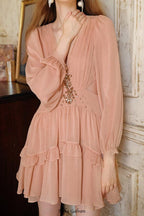jessica  champagne pink chiffon rhinestone embellished mini dress