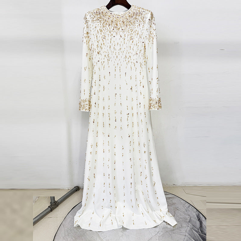 white long sleeve beaded diamond maxi dress