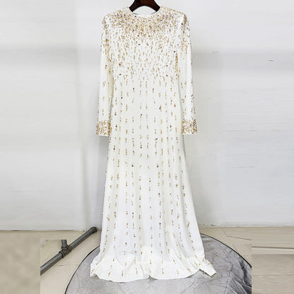 white long sleeve beaded diamond maxi dress