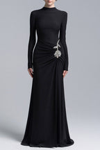 hedwig rose embellished gathered sheath gown in black