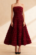 Flowering Girl Women Mona 3D Rose Petal Strapless Mesh Maxi Dress In Wine Red