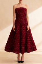 Flowering Girl Women Mona 3D Rose Petal Strapless Mesh Maxi Dress In Wine Red