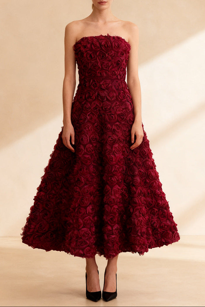 Flowering Girl Women Mona 3D Rose Petal Strapless Mesh Maxi Dress In Wine Red