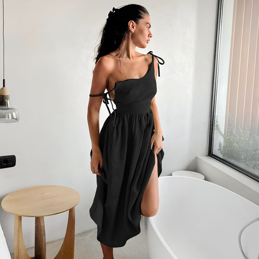 Flowering Girl Women cotton linen backless strap midi dress