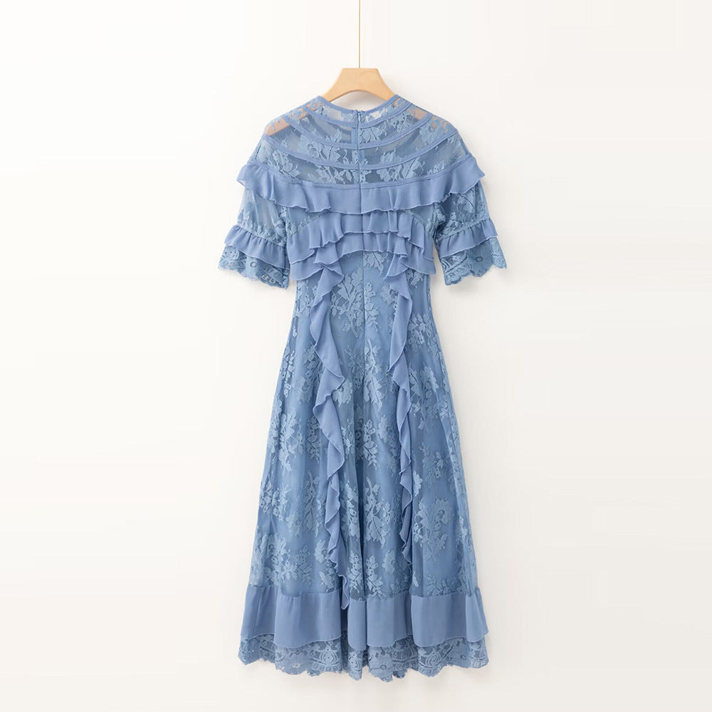 Flowering Girl Women Lorraine Lace Ruffle Trim Midi Dress In Blue
