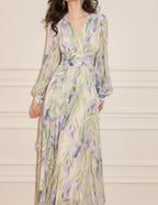 Flowering Girl Women Rachel Multicolor v-Neck Floral Print Lantern Sleeve Maxi Dress