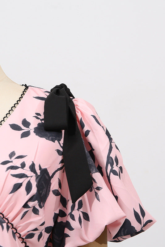 Flowering Girl Women v-Neck Satin Floral Midi Dress In Pink