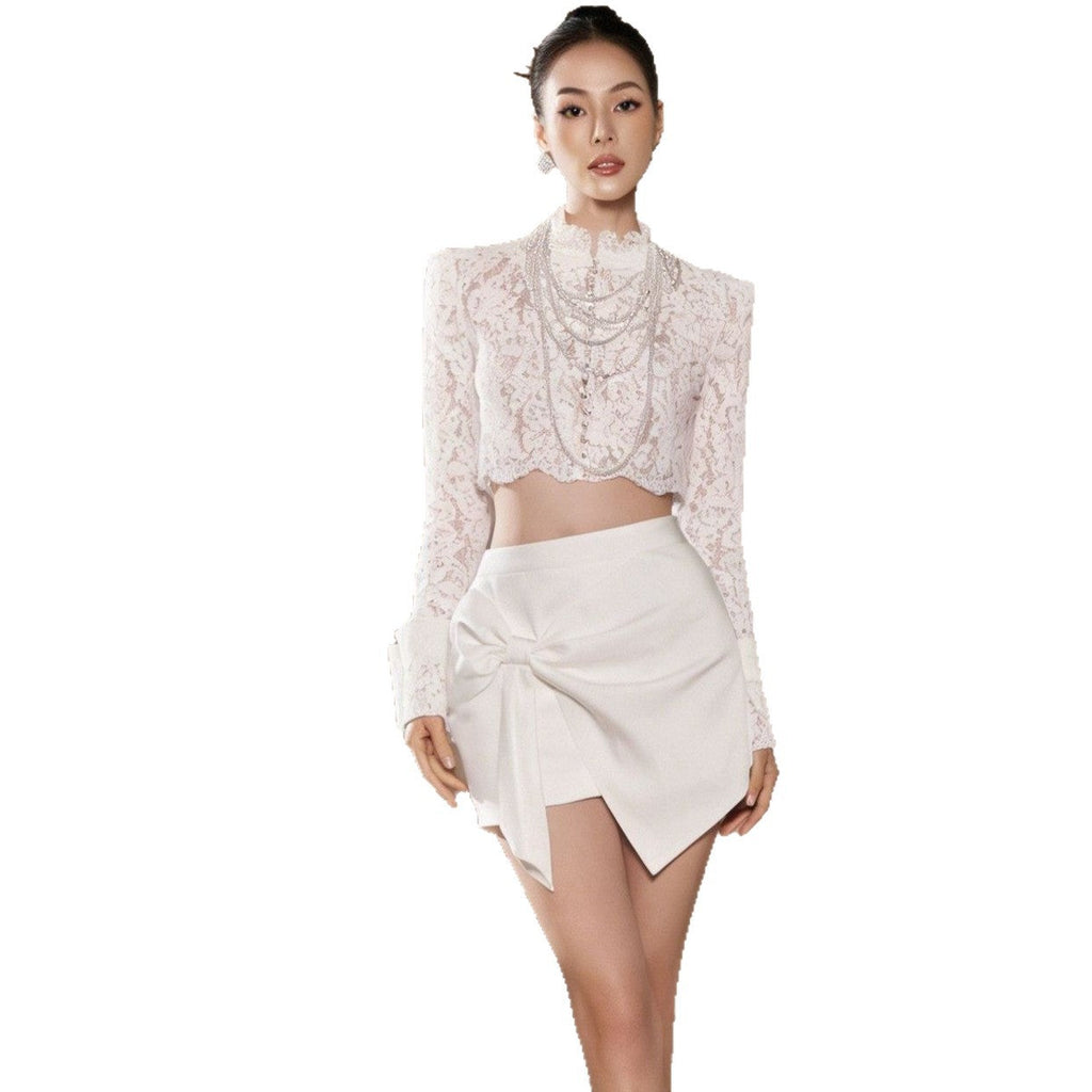 Lace Stand-Up Collar Long Sleeve Bow Skirt