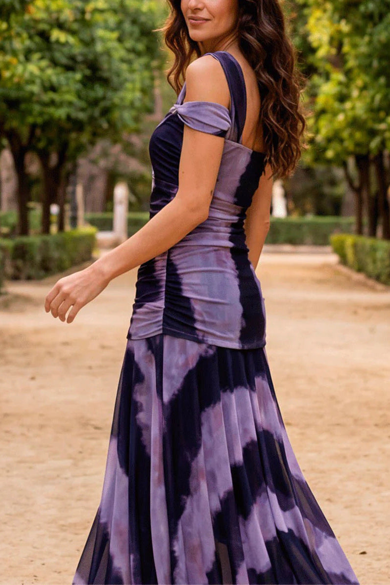Tie-Dye Off-Shoulder Ruched Midi Dress