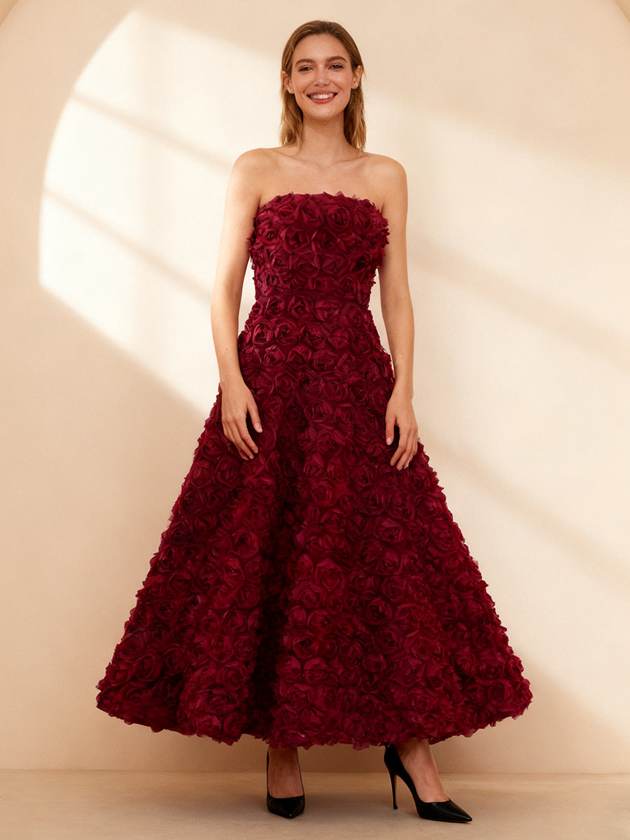 Flowering Girl Women Mona 3D Rose Petal Strapless Mesh Maxi Dress In Wine Red
