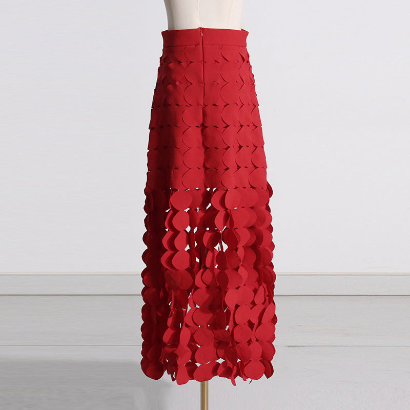 Flowering Girl Women CIRCLE CUTOUT FRINGE SKIRT IN RED