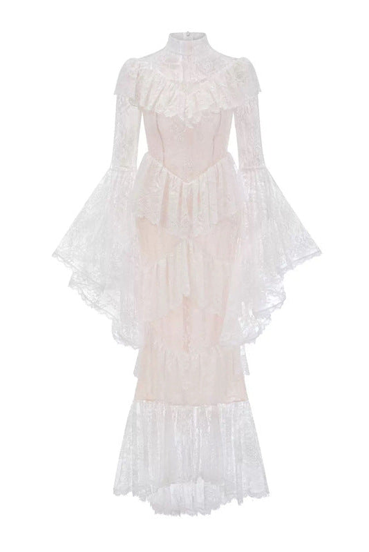 Flowering Girl Women Sylvia Sheer Lace Trumpet Sleeve Maxi Dress In White