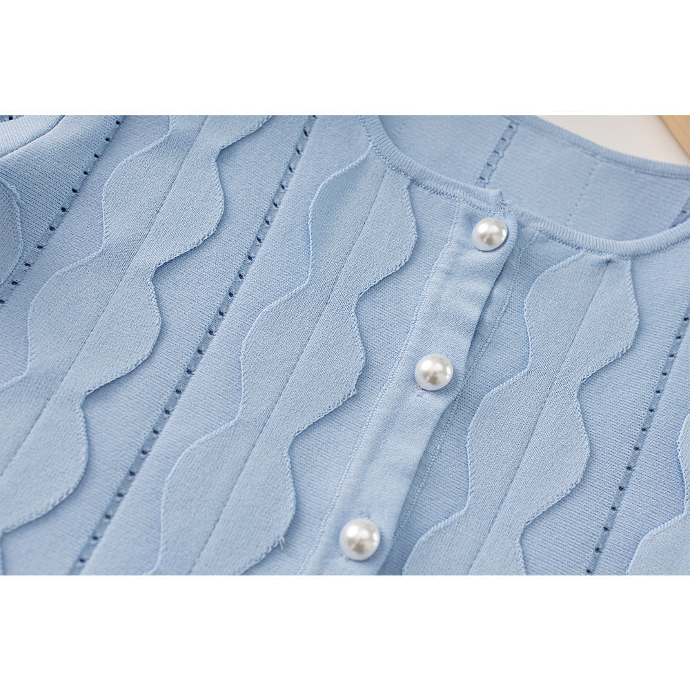 Blue Geometric Circle Pattern Cardigan Skirt Two-Piece Set