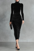 Flowering Girl Women black long sleeve turtleneck hip gold velvet maxi dress