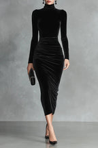 Flowering Girl Women black long sleeve turtleneck hip gold velvet maxi dress