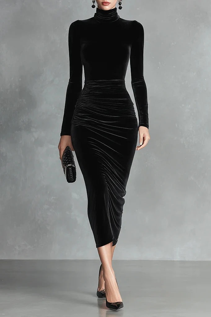 Flowering Girl Women black long sleeve turtleneck hip gold velvet maxi dress