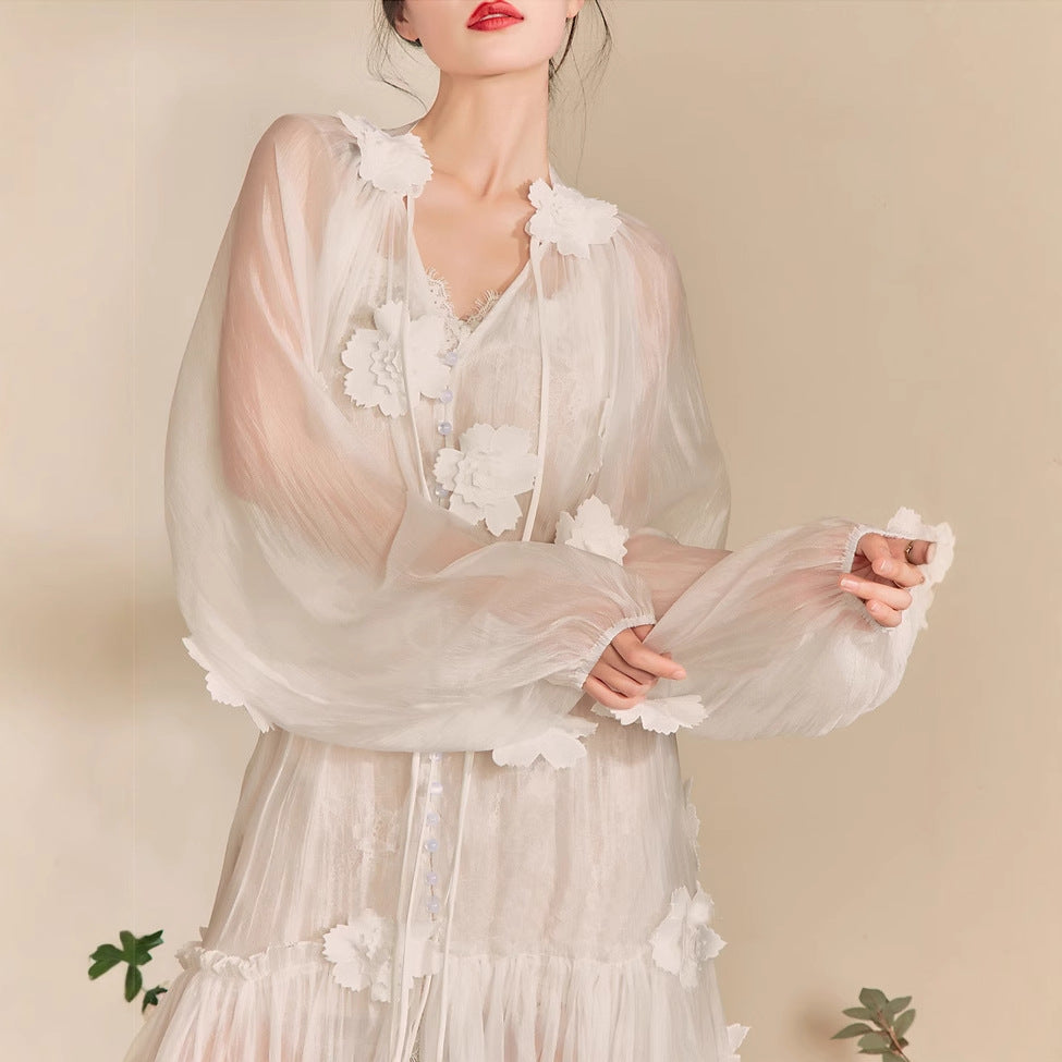 Three-Dimensional Flower Embroidery Lace-Up Maxi Dress