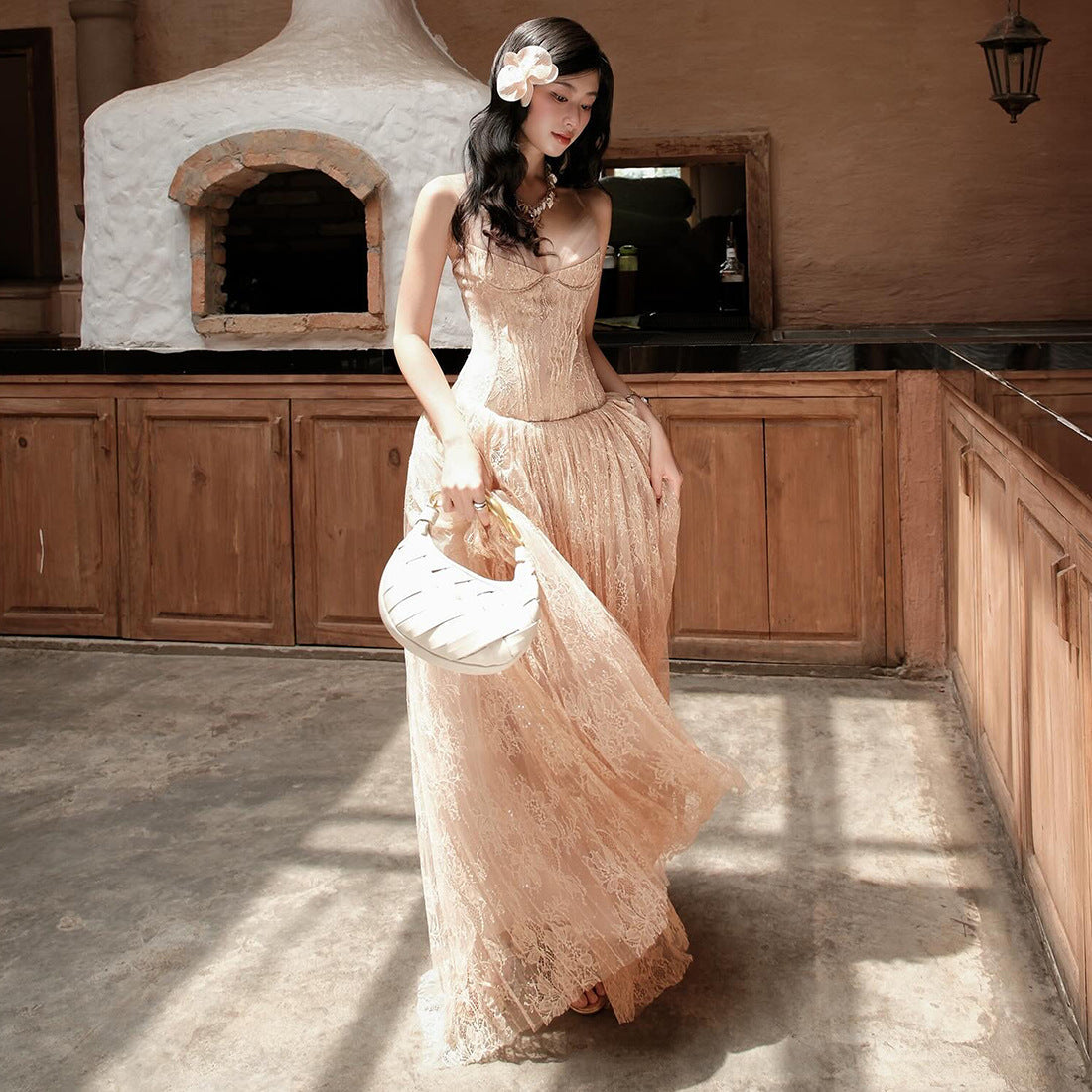 Rose Asymmetrical Waist Spaghetti Strap Maxi Dress - Khaki