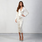 Flowering Girl Women High-Waisted Skirt Gold Sequin Print Blazer Suit In White
