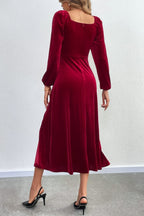 Flowering Girl Women wine red Slit square neck puff sleeve long velvet dress
