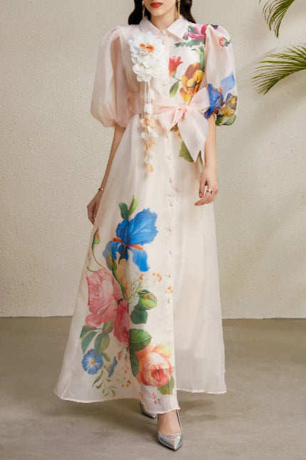 Flowering Girl Women Single-Breasted Floral Printed Puff Sleeve Maxi Dress In Apricot