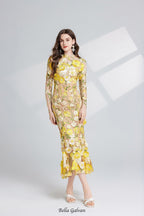Flowering Girl Women CAROL YELLOW FLORAL EMBROIDERY MESH LONG SLEEVE MIDI DRESS
